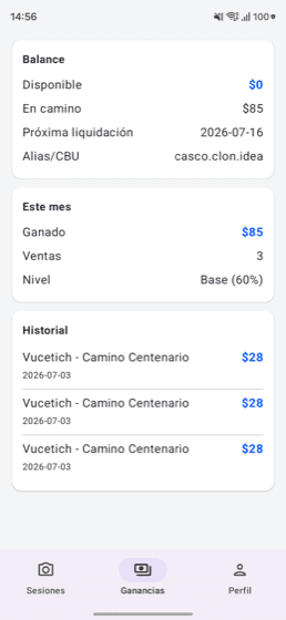 Panel de ganancias de la/el fotógrafa/o